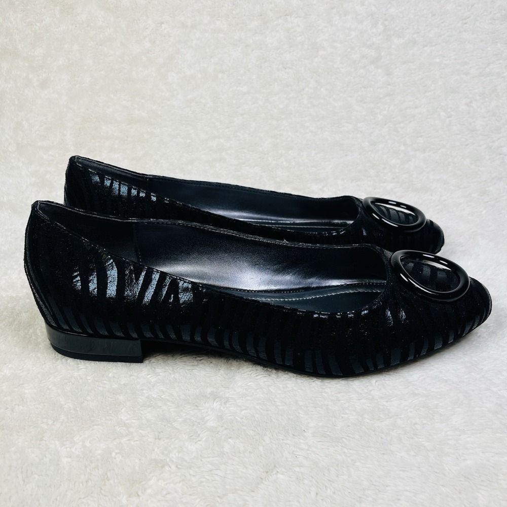 Anne Klein Ohare Ballet Flat Sz 9M Black Zebra Print 1/2 Block Heel Textile Shoe
